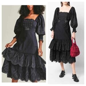 LoveShackFancy Toulon Midi Dress Size 4 Black Embroidered Puff Sleeves Bohemian
